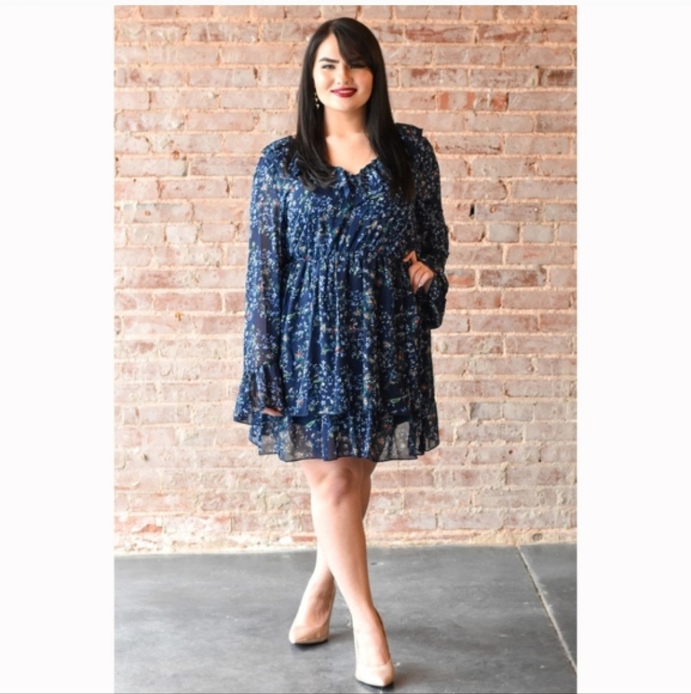 Navy Floral Long Sleeve Dress